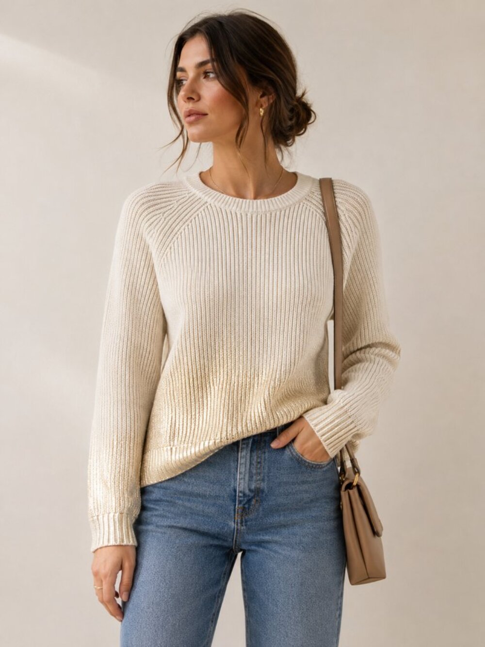 J. Society Ivory Gold Shimmer Cotton Rib Knit Sweater Quiet Luxury Coastal Sz S